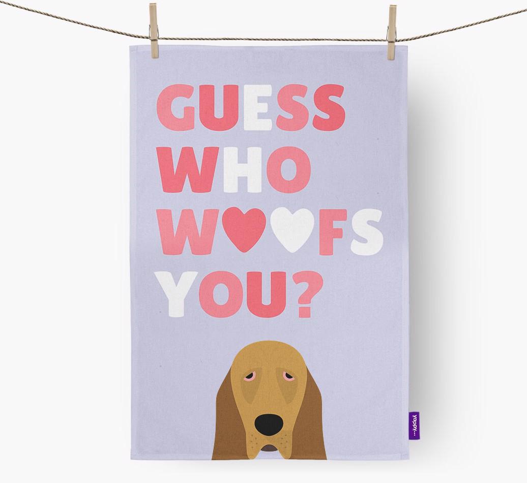 'Guess Who Woofs You?' Dish Towel with {breedFullName} Icon