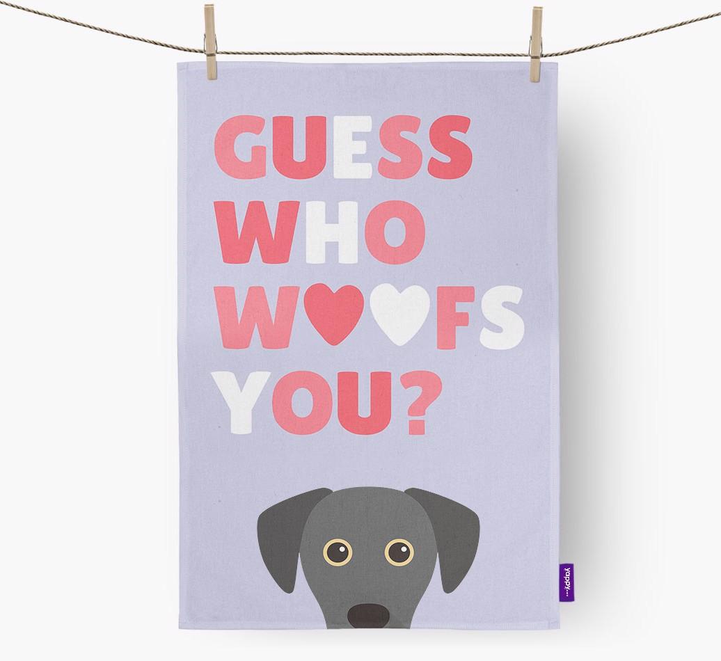 'Guess Who Woofs You?' Dish Towel with {breedFullName} Icon