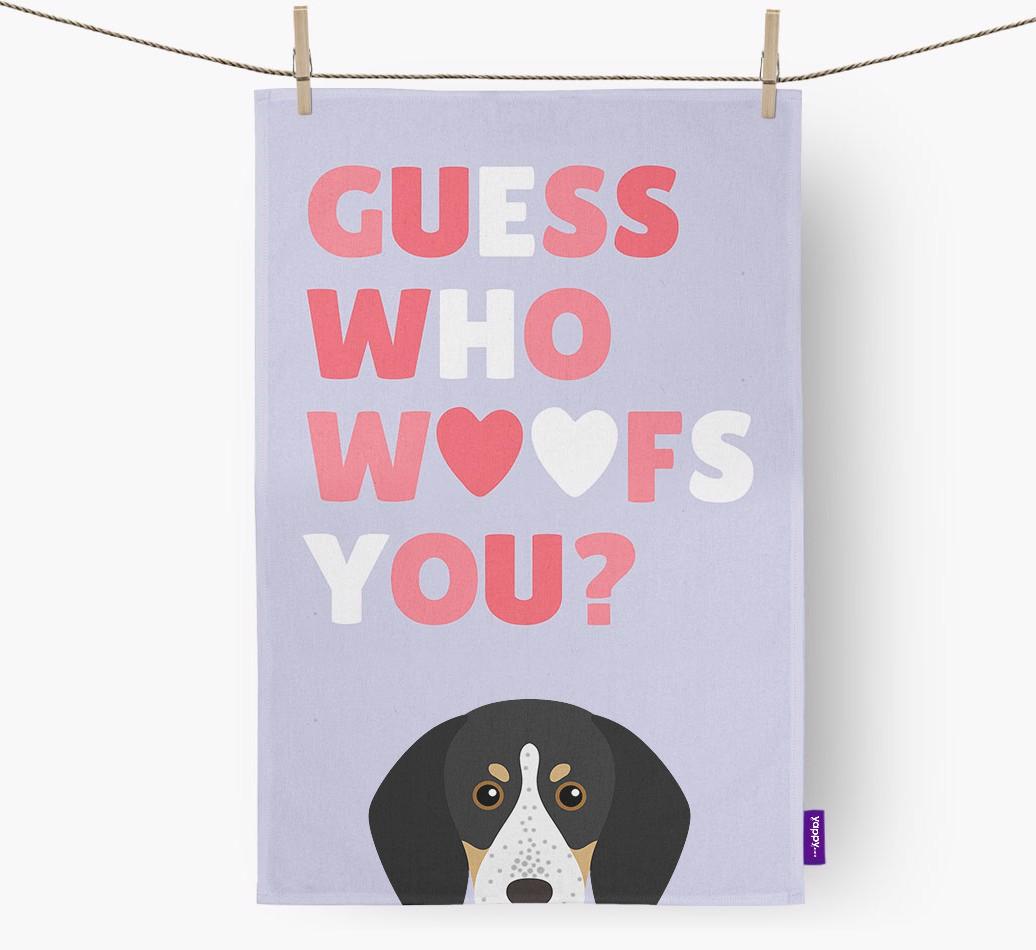 'Guess Who Woofs You?' Dish Towel with {breedFullName} Icon
