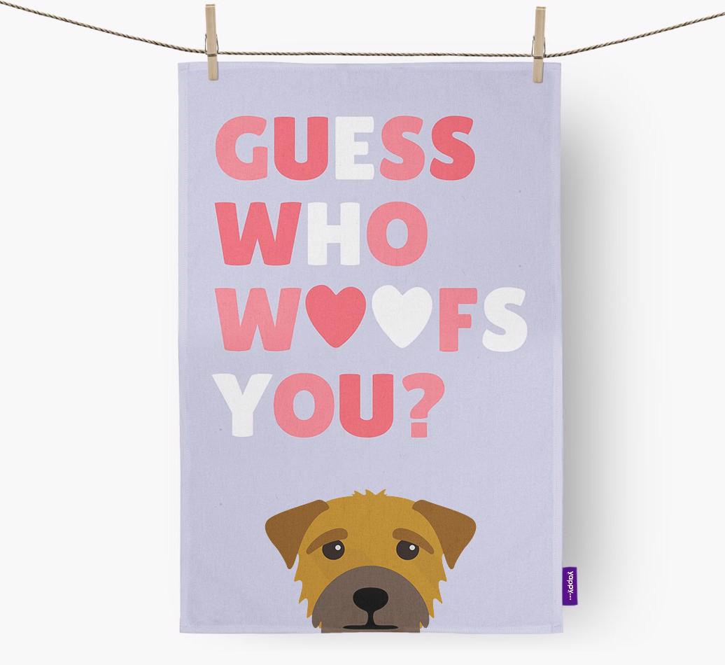'Guess Who Woofs You?' Dish Towel with {breedFullName} Icon