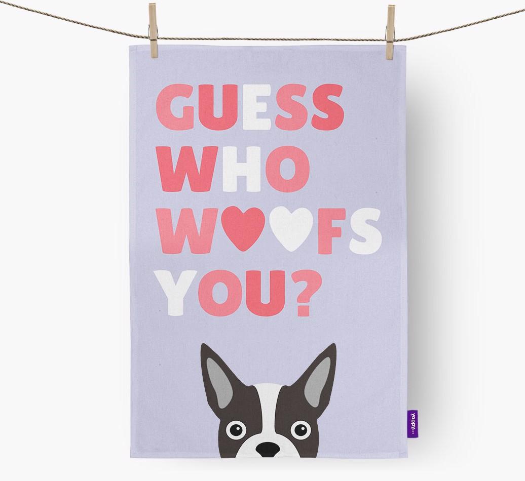 'Guess Who Woofs You?' Dish Towel with {breedFullName} Icon
