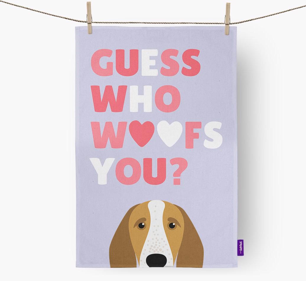 'Guess Who Woofs You?' Dish Towel with {breedFullName} Icon