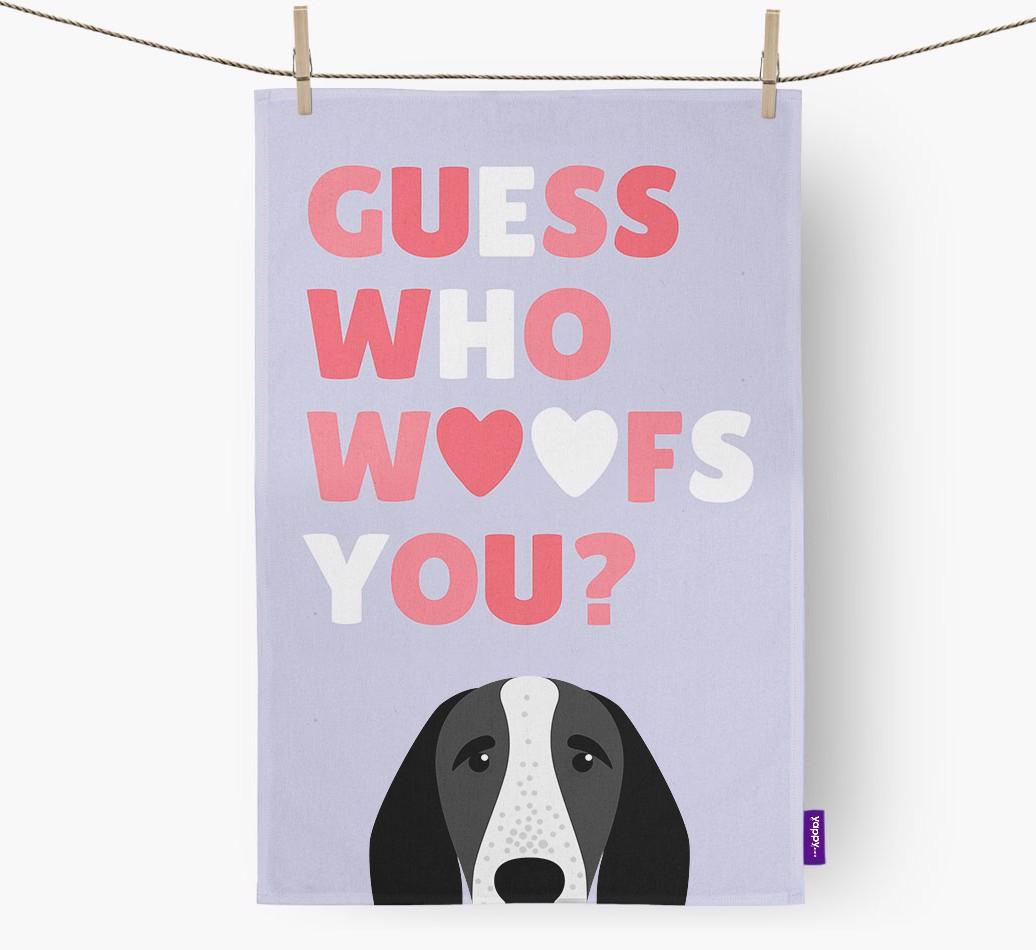 'Guess Who Woofs You?' Dish Towel with {breedFullName} Icon