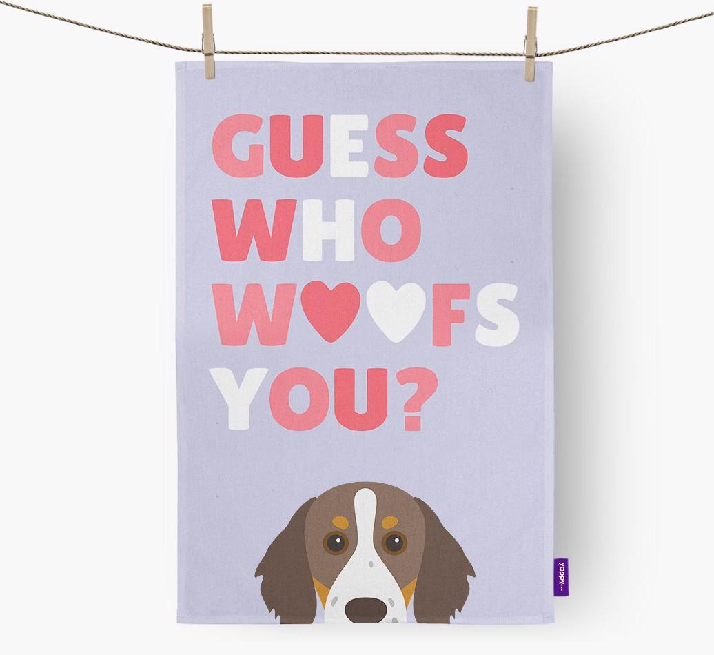 'Guess Who Woofs You?' Dish Towel with {breedFullName} Icon