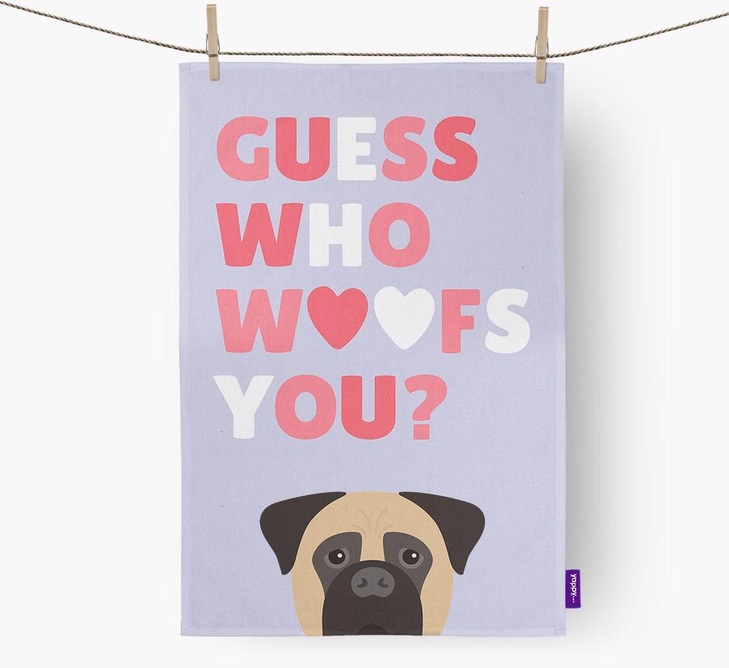 'Guess Who Woofs You?' Dish Towel with {breedFullName} Icon