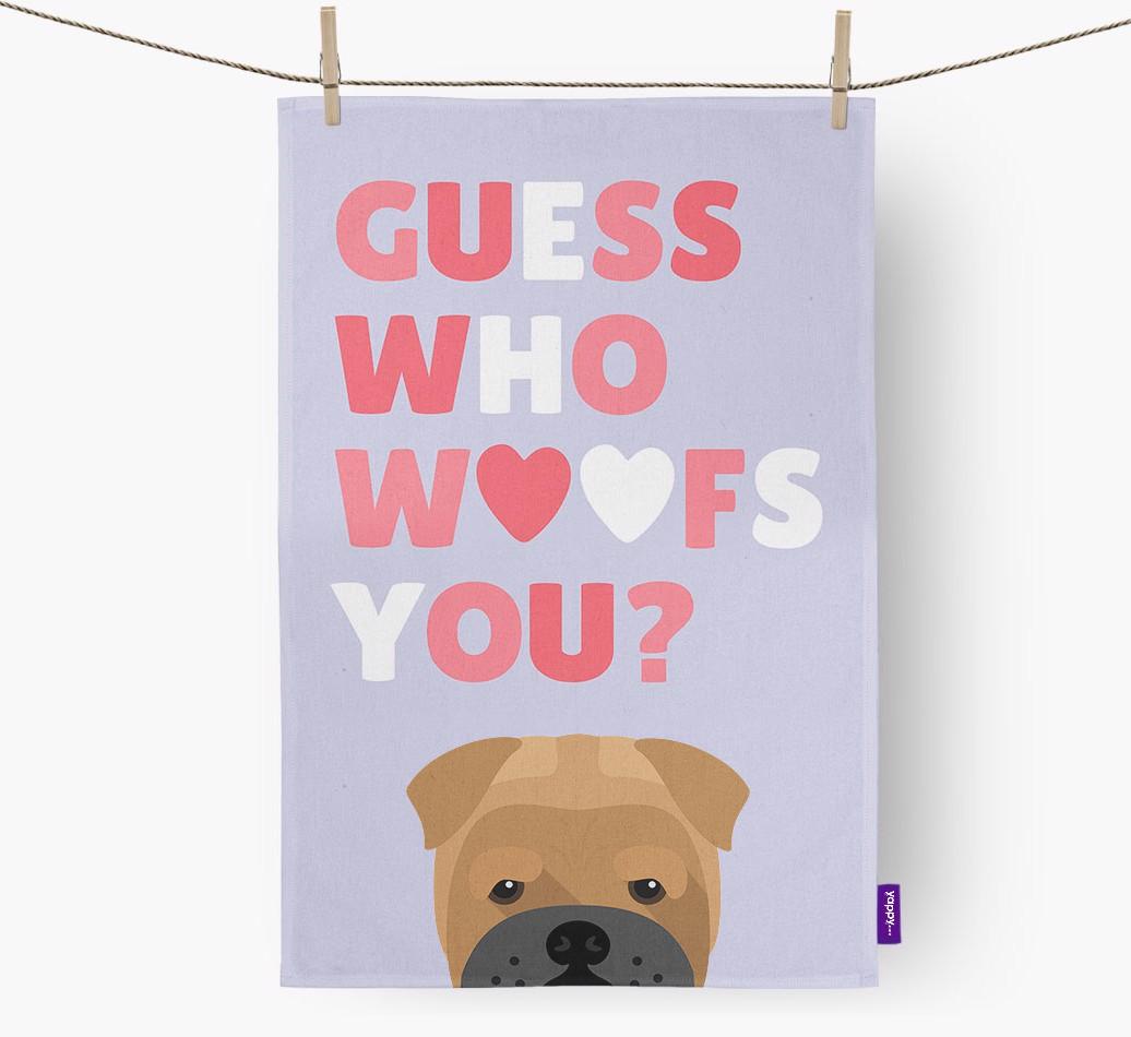 'Guess Who Woofs You?' Dish Towel with {breedFullName} Icon
