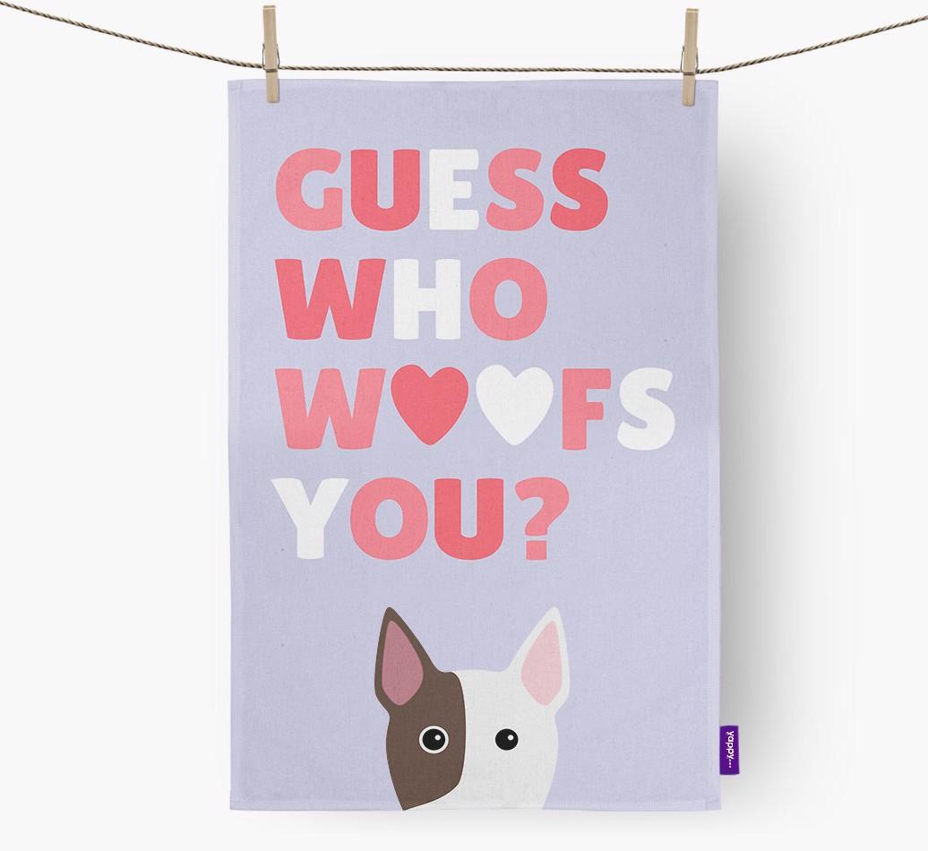 'Guess Who Woofs You?' Dish Towel with {breedFullName} Icon