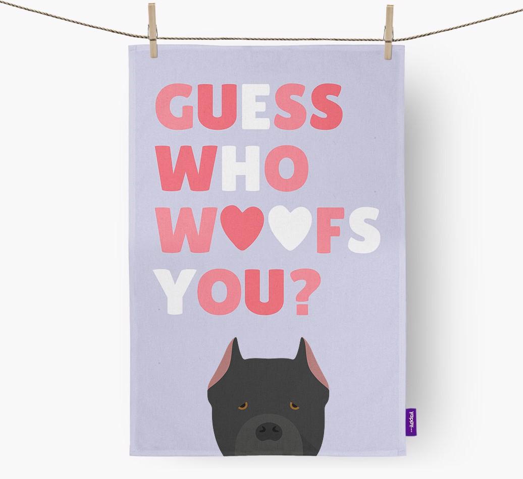 'Guess Who Woofs You?' Dish Towel with {breedFullName} Icon