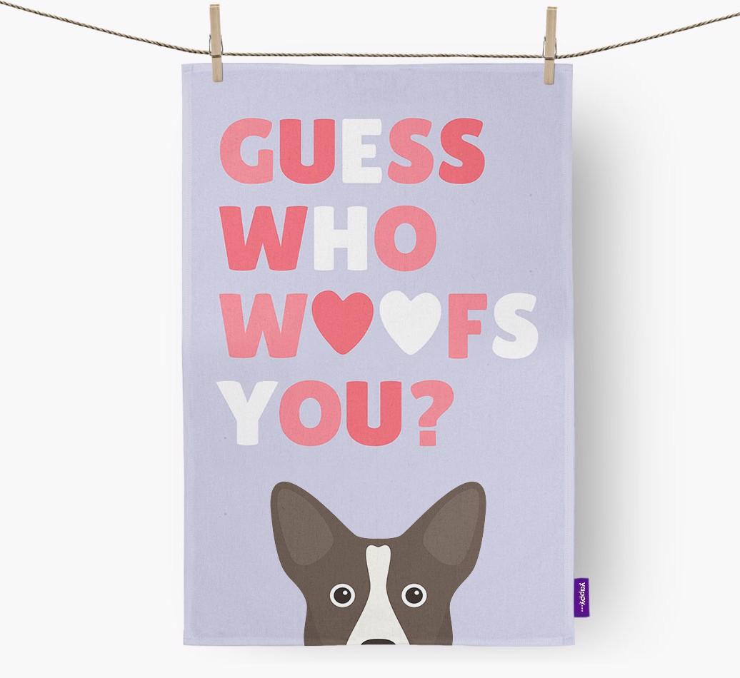 'Guess Who Woofs You?' Dish Towel with {breedFullName} Icon