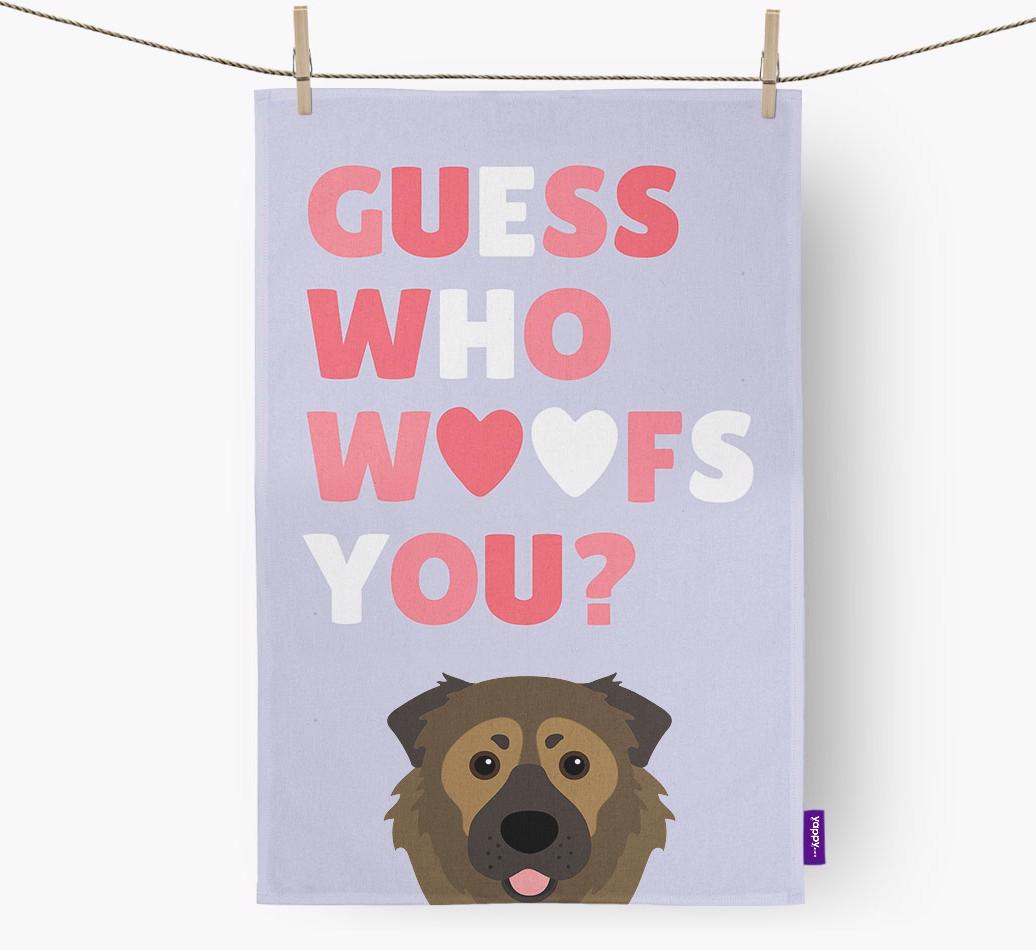 'Guess Who Woofs You?' Dish Towel with {breedFullName} Icon