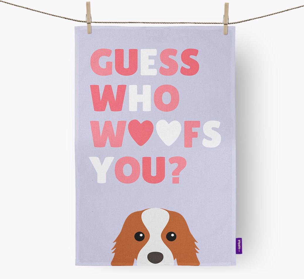 'Guess Who Woofs You?' Dish Towel with {breedFullName} Icon