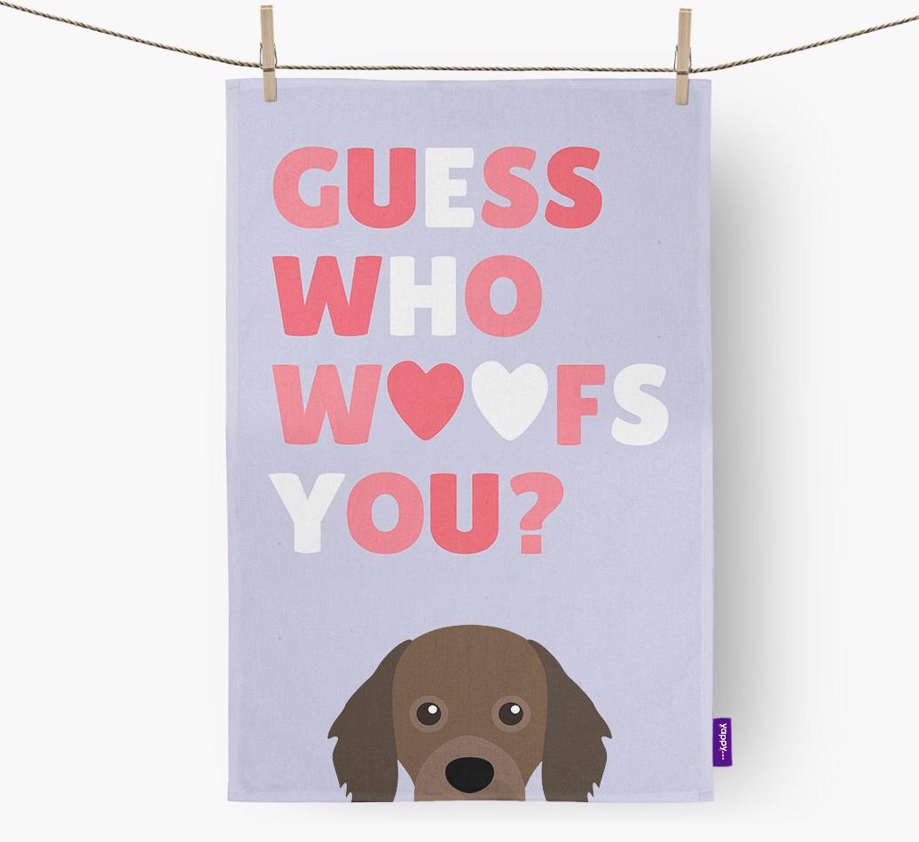 'Guess Who Woofs You?' Dish Towel with {breedFullName} Icon