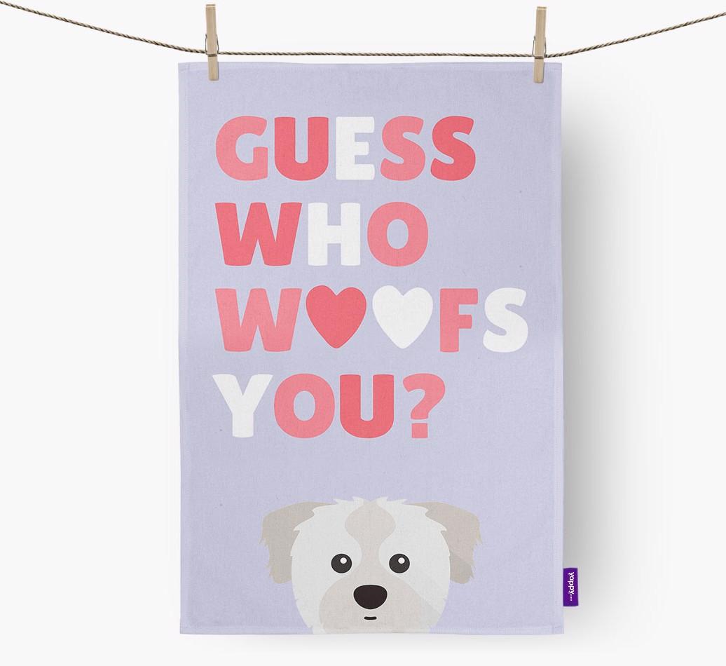 'Guess Who Woofs You?' Dish Towel with {breedFullName} Icon