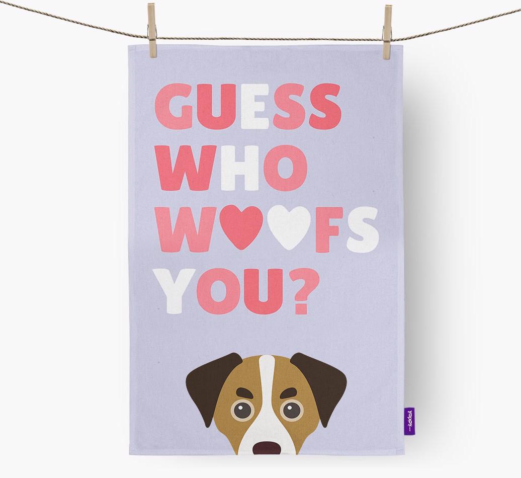 'Guess Who Woofs You?' Dish Towel with {breedFullName} Icon