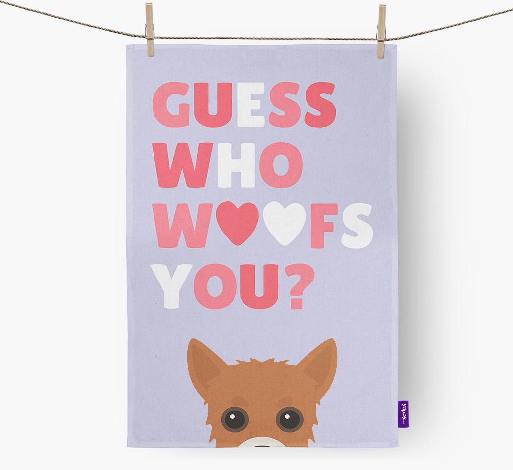 'Guess Who Woofs You?' Dish Towel with {breedFullName} Icon