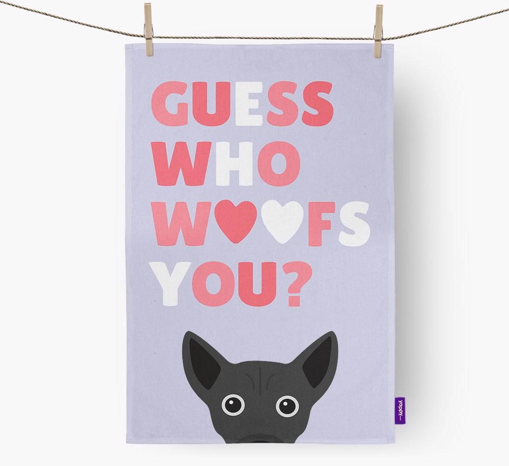 'Guess Who Woofs You?' Dish Towel with {breedFullName} Icon