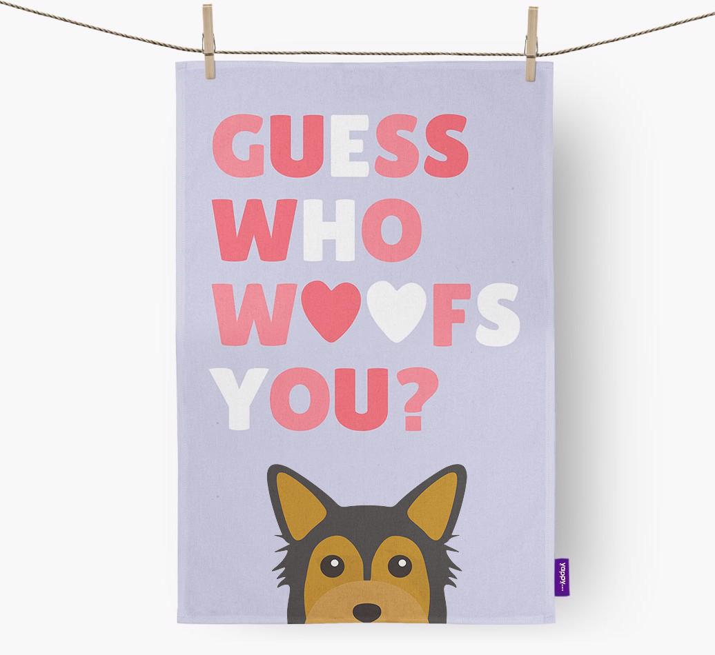 'Guess Who Woofs You?' Dish Towel with {breedFullName} Icon