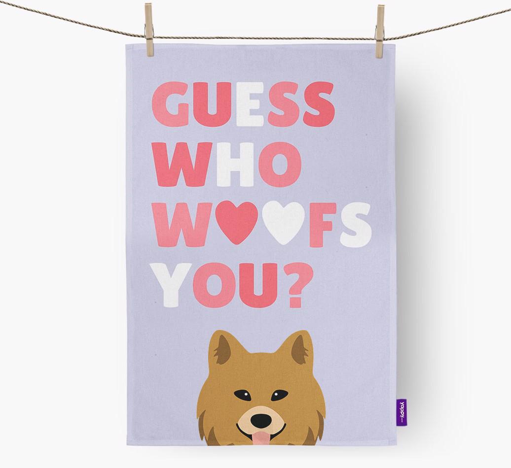 'Guess Who Woofs You?' Dish Towel with {breedFullName} Icon