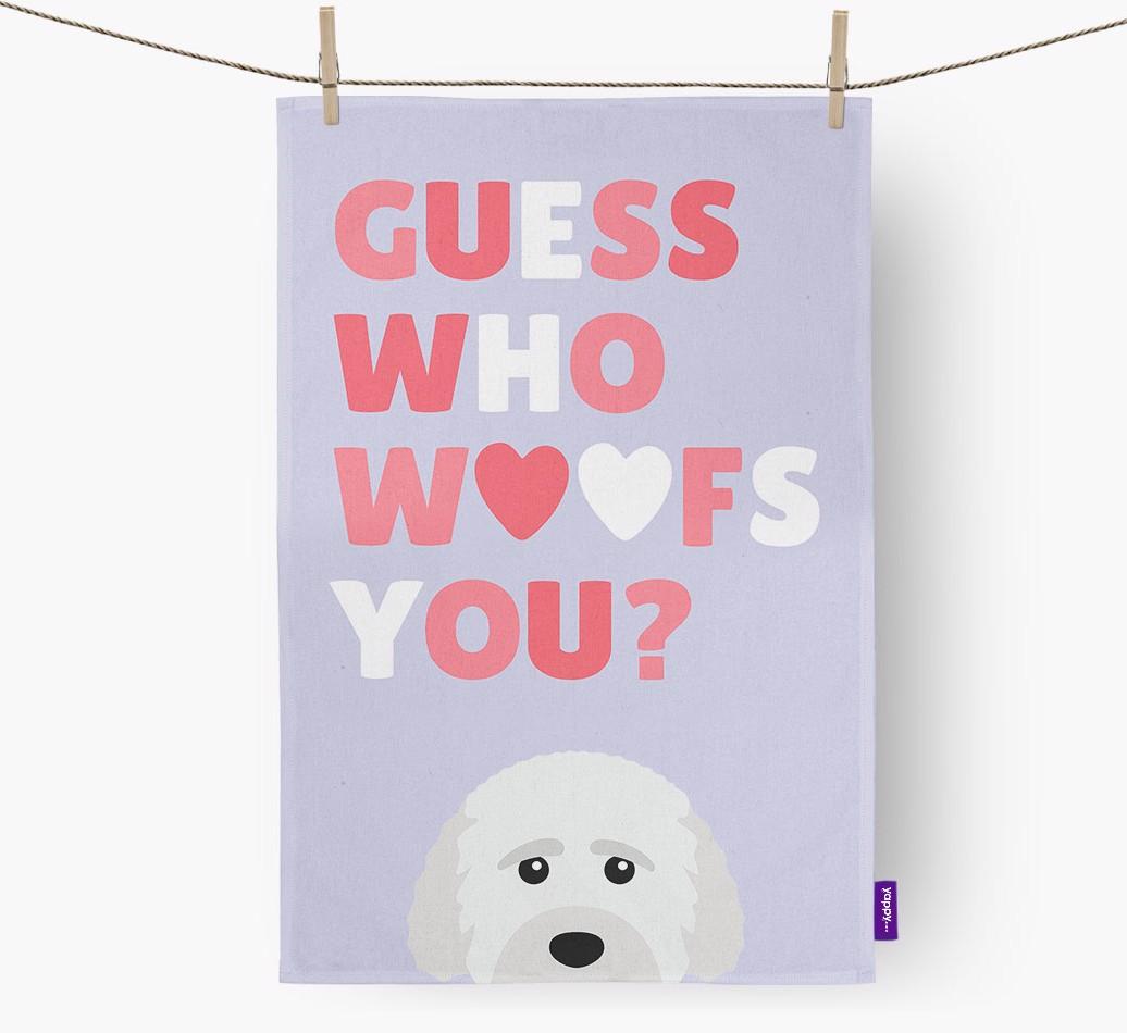 'Guess Who Woofs You?' Dish Towel with {breedFullName} Icon