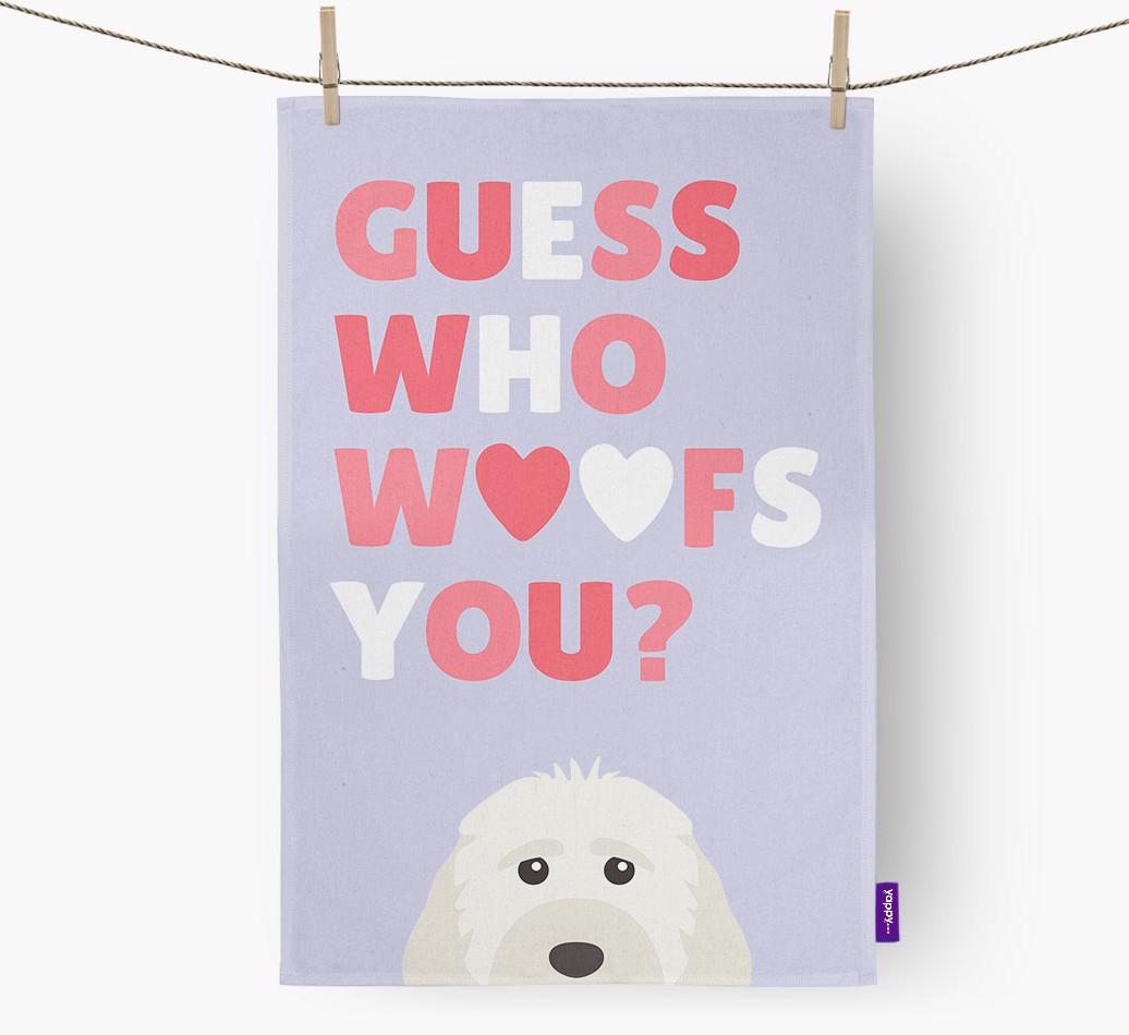 'Guess Who Woofs You?' Dish Towel with {breedFullName} Icon