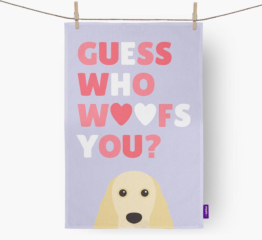 'Guess Who Woofs You?' Dish Towel with {breedFullName} Icon