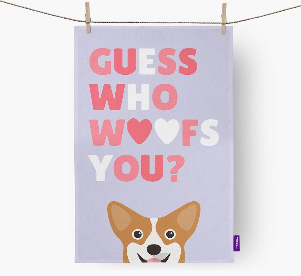 'Guess Who Woofs You?' Dish Towel with {breedFullName} Icon