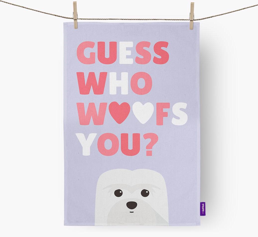 'Guess Who Woofs You?' Dish Towel with {breedFullName} Icon