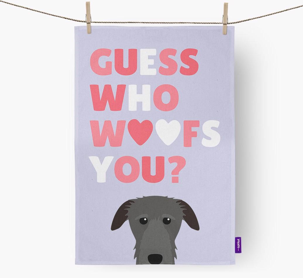 'Guess Who Woofs You?' Dish Towel with {breedFullName} Icon