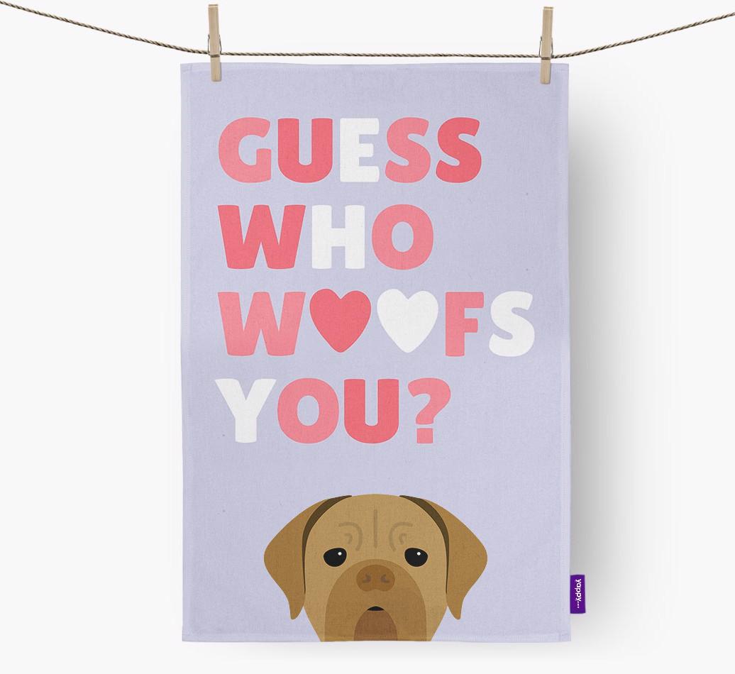 'Guess Who Woofs You?' Dish Towel with {breedFullName} Icon