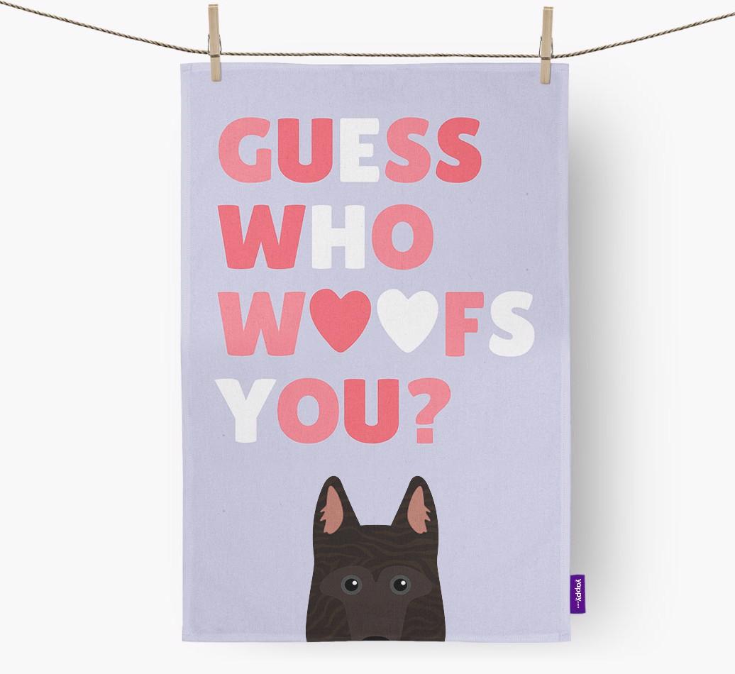 'Guess Who Woofs You?' Dish Towel with {breedFullName} Icon
