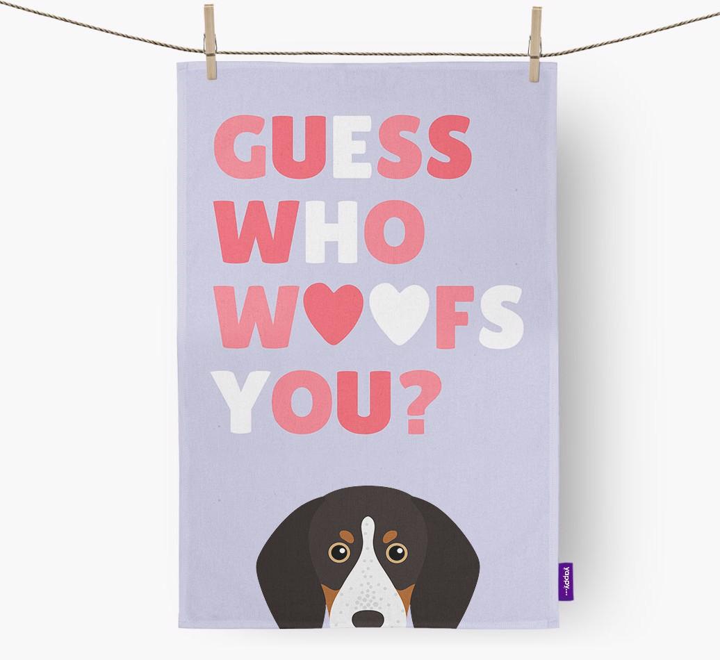 'Guess Who Woofs You?' Dish Towel with {breedFullName} Icon