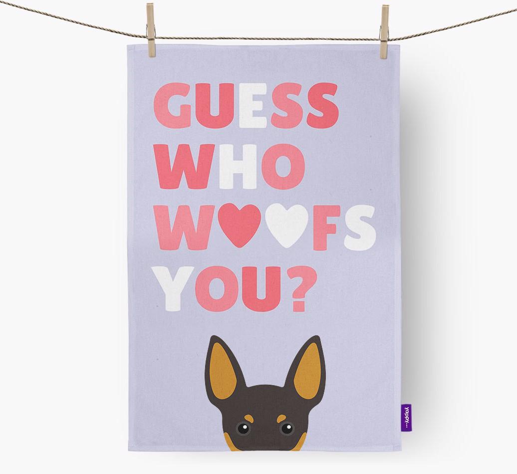 'Guess Who Woofs You?' Dish Towel with {breedFullName} Icon