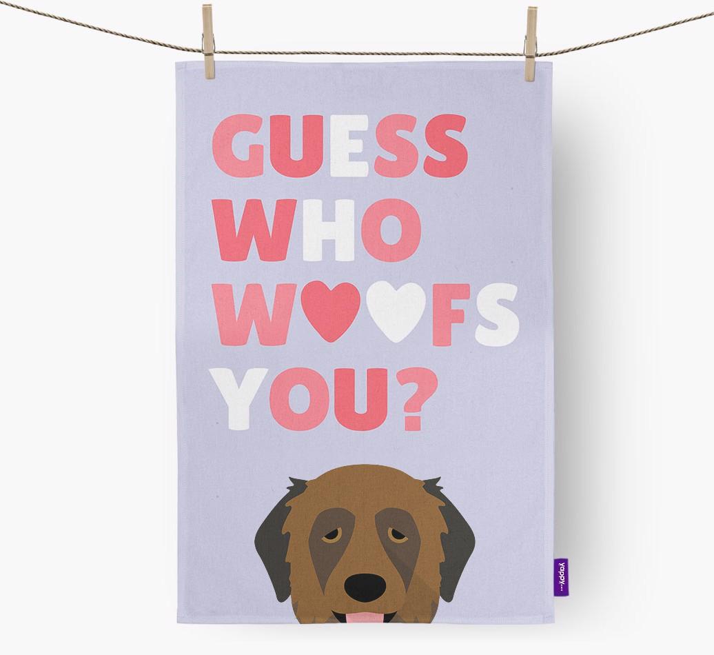 'Guess Who Woofs You?' Dish Towel with {breedFullName} Icon