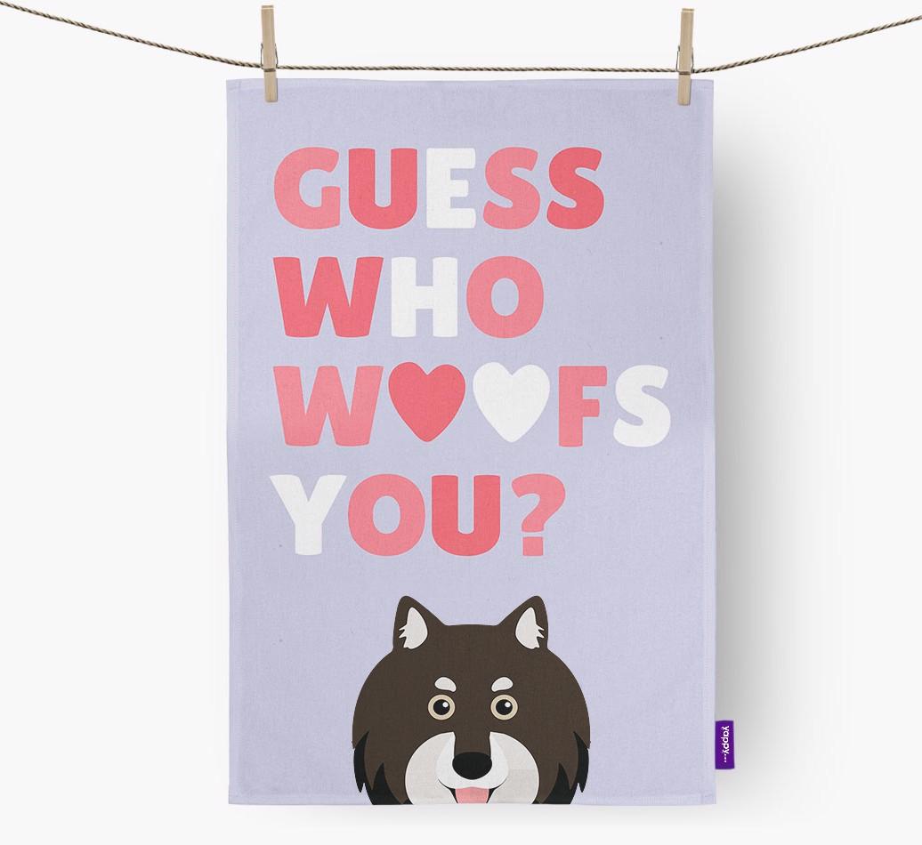 'Guess Who Woofs You?' Dish Towel with {breedFullName} Icon