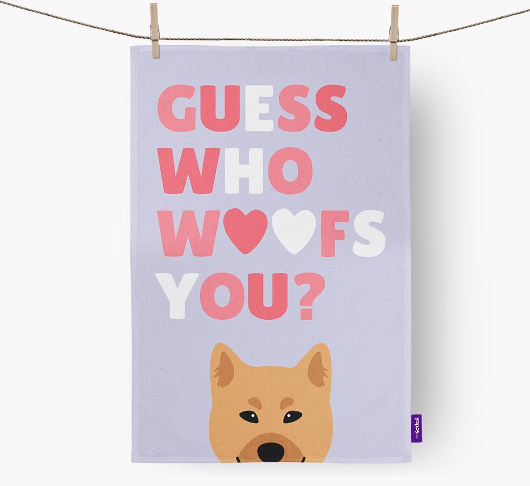 'Guess Who Woofs You?' Dish Towel with {breedFullName} Icon