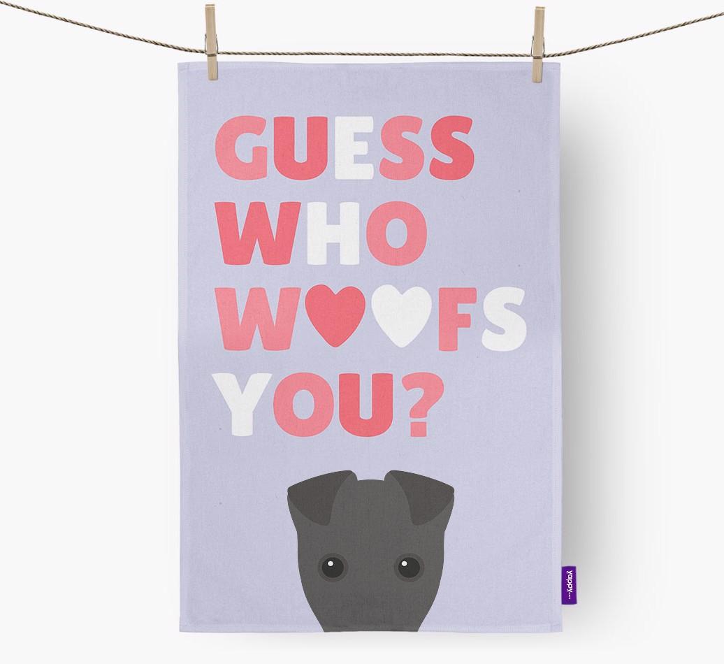 'Guess Who Woofs You?' Dish Towel with {breedFullName} Icon