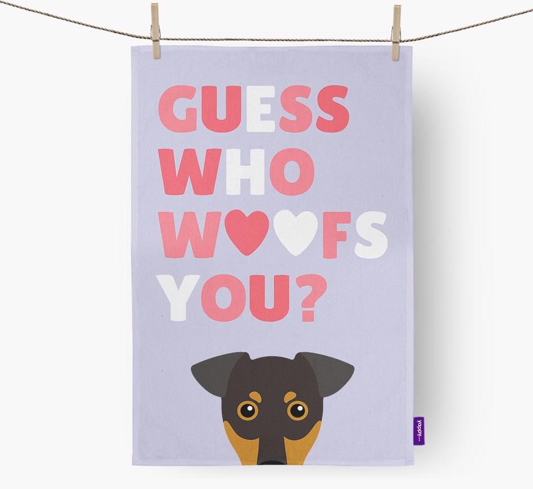 'Guess Who Woofs You?' Dish Towel with {breedFullName} Icon