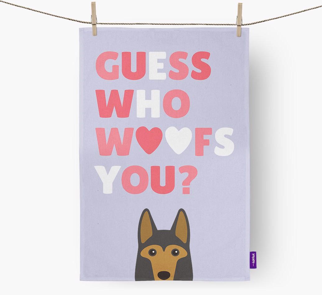 'Guess Who Woofs You?' Dish Towel with {breedFullName} Icon