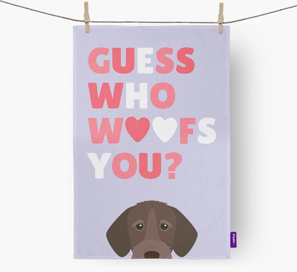 'Guess Who Woofs You?' Dish Towel with {breedFullName} Icon