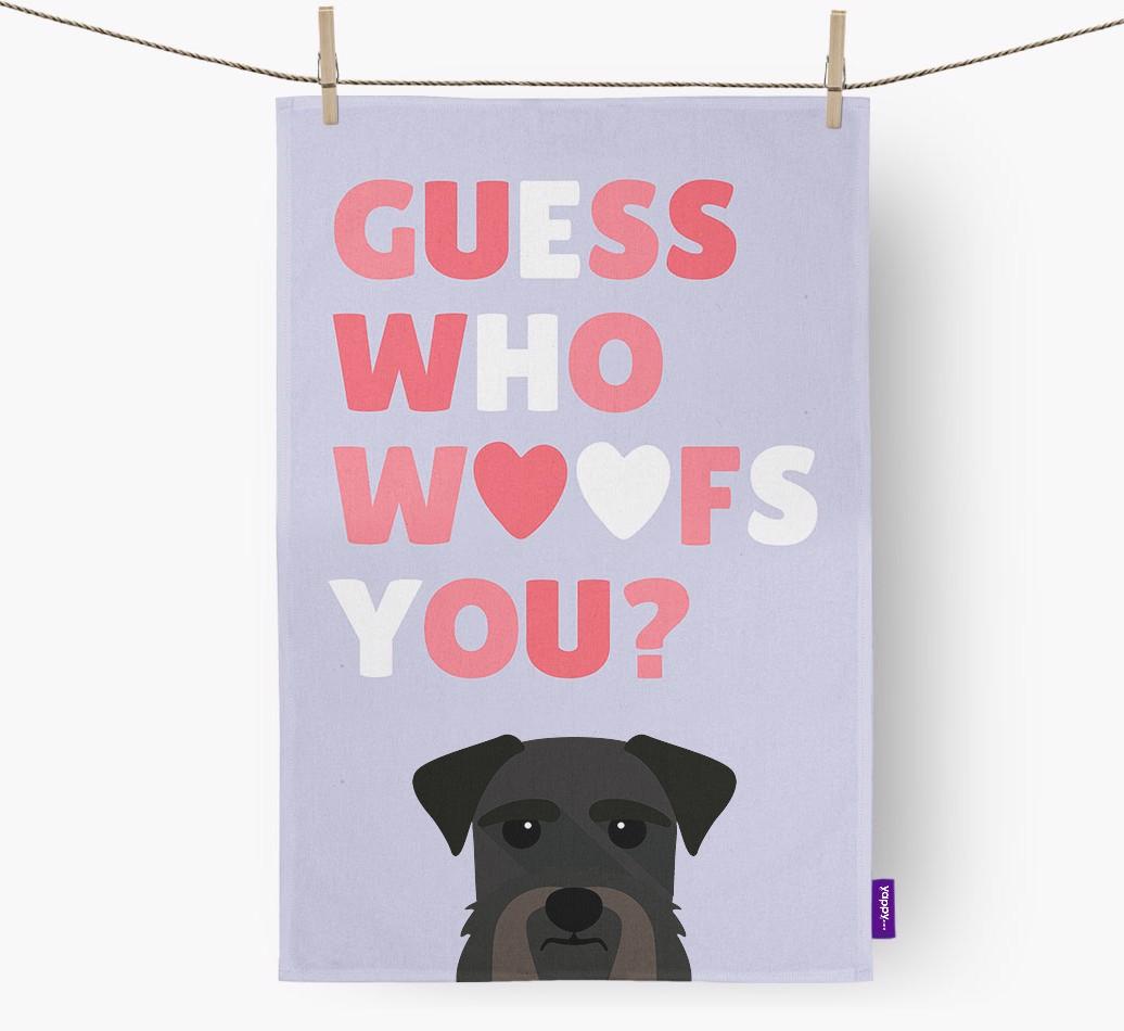 'Guess Who Woofs You?' Dish Towel with {breedFullName} Icon