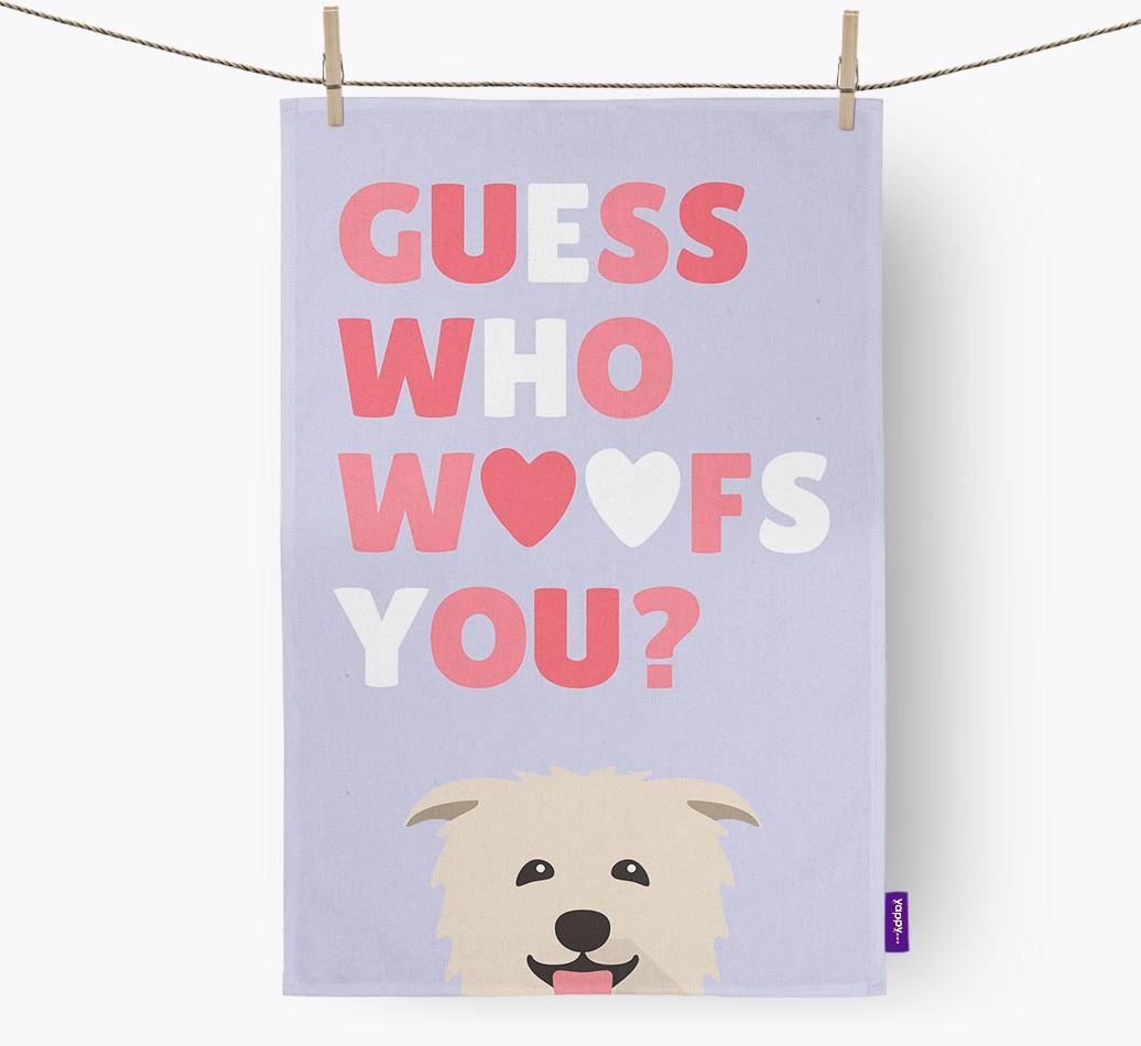 'Guess Who Woofs You?' Dish Towel with {breedFullName} Icon