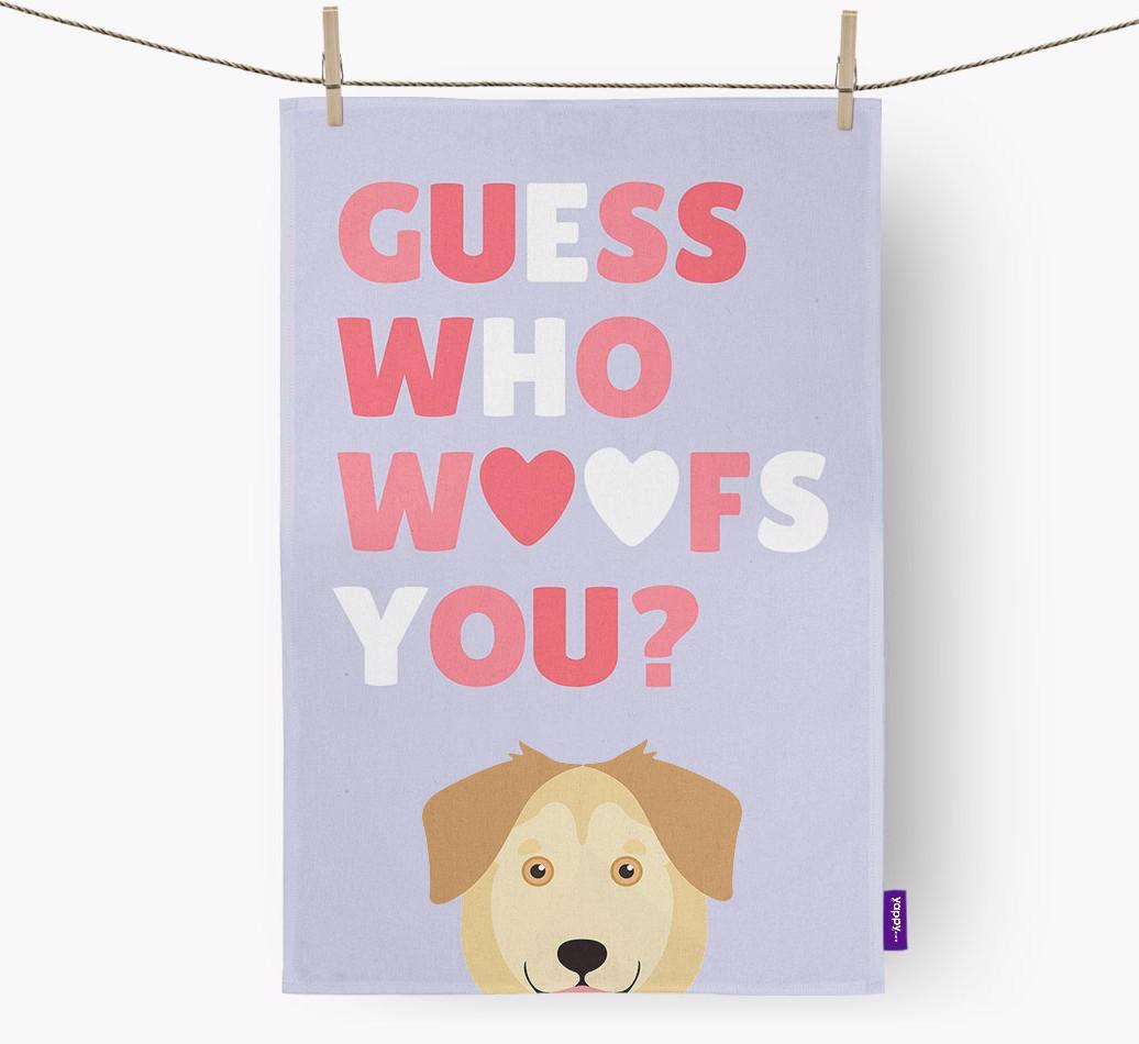 'Guess Who Woofs You?' Dish Towel with {breedFullName} Icon