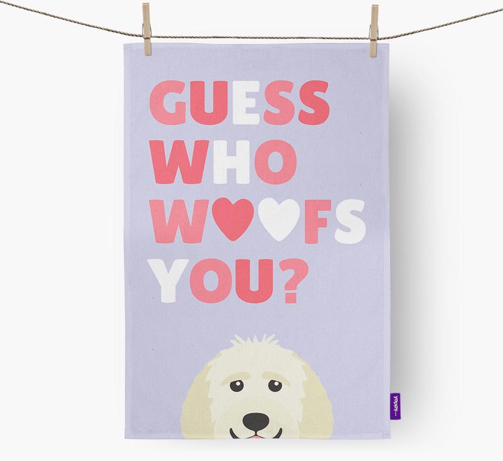 'Guess Who Woofs You?' Dish Towel with {breedFullName} Icon