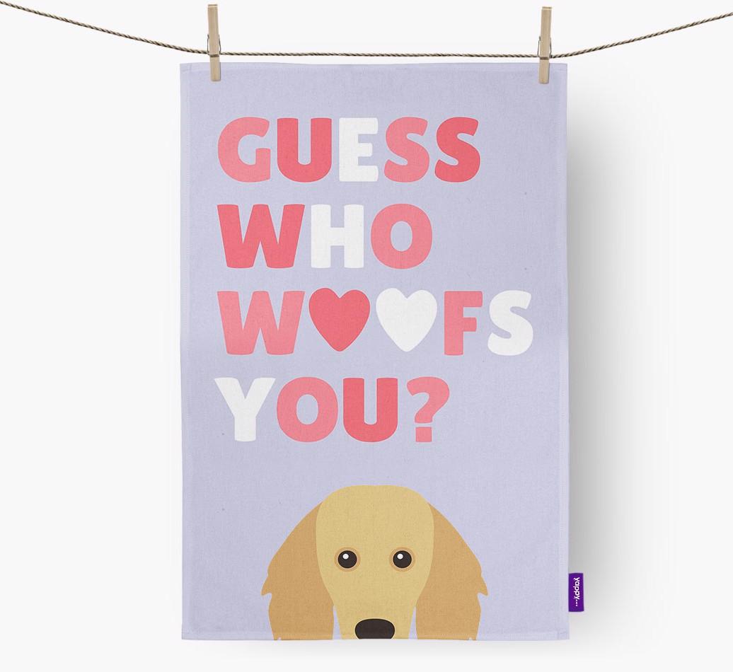 'Guess Who Woofs You?' Dish Towel with {breedFullName} Icon