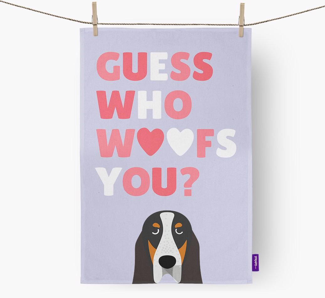'Guess Who Woofs You?' Dish Towel with {breedFullName} Icon