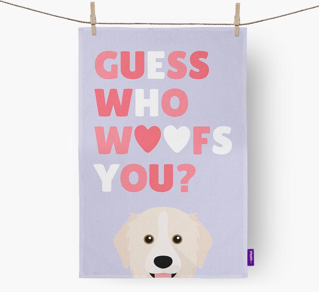 'Guess Who Woofs You?' Dish Towel with {breedFullName} Icon
