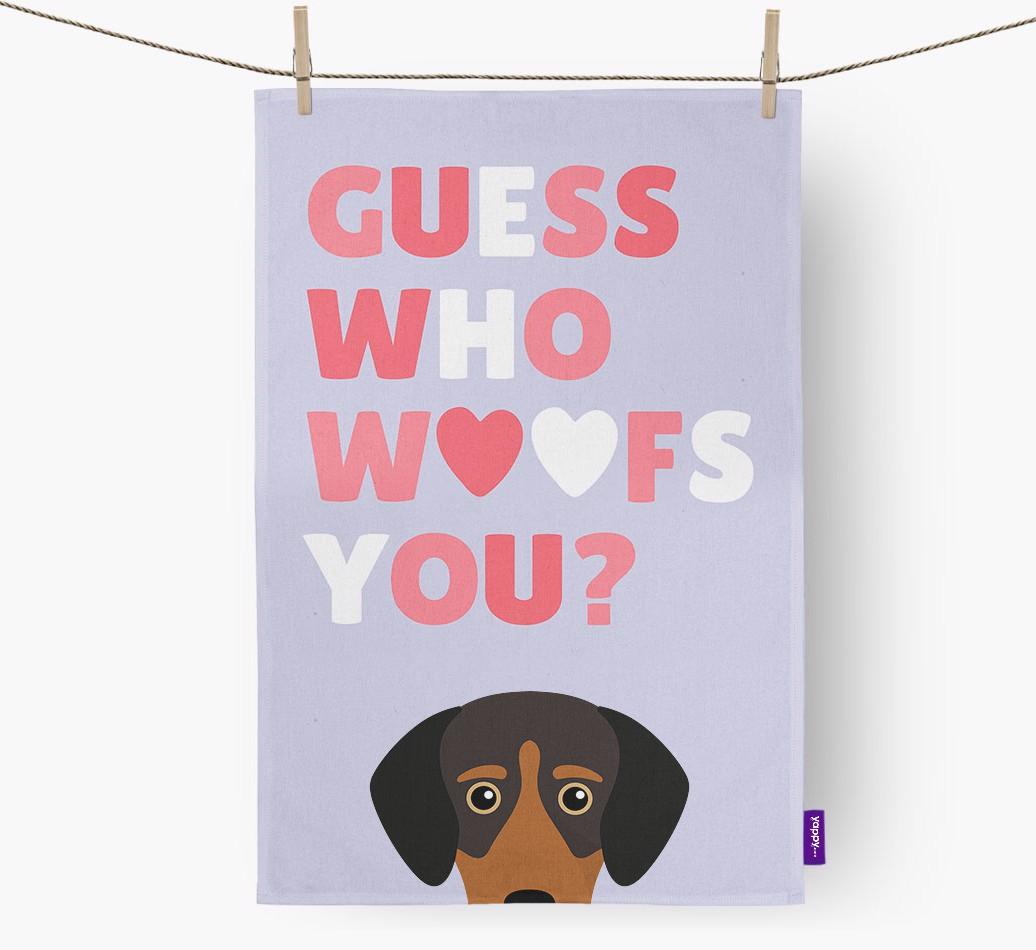 'Guess Who Woofs You?' Dish Towel with {breedFullName} Icon