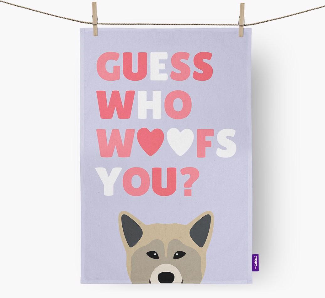 'Guess Who Woofs You?' Dish Towel with {breedFullName} Icon