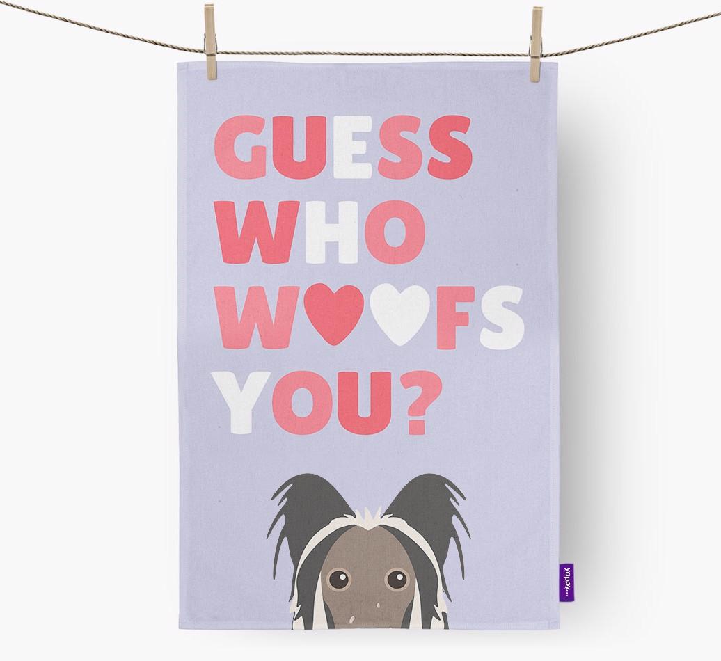 'Guess Who Woofs You?' Dish Towel with {breedFullName} Icon