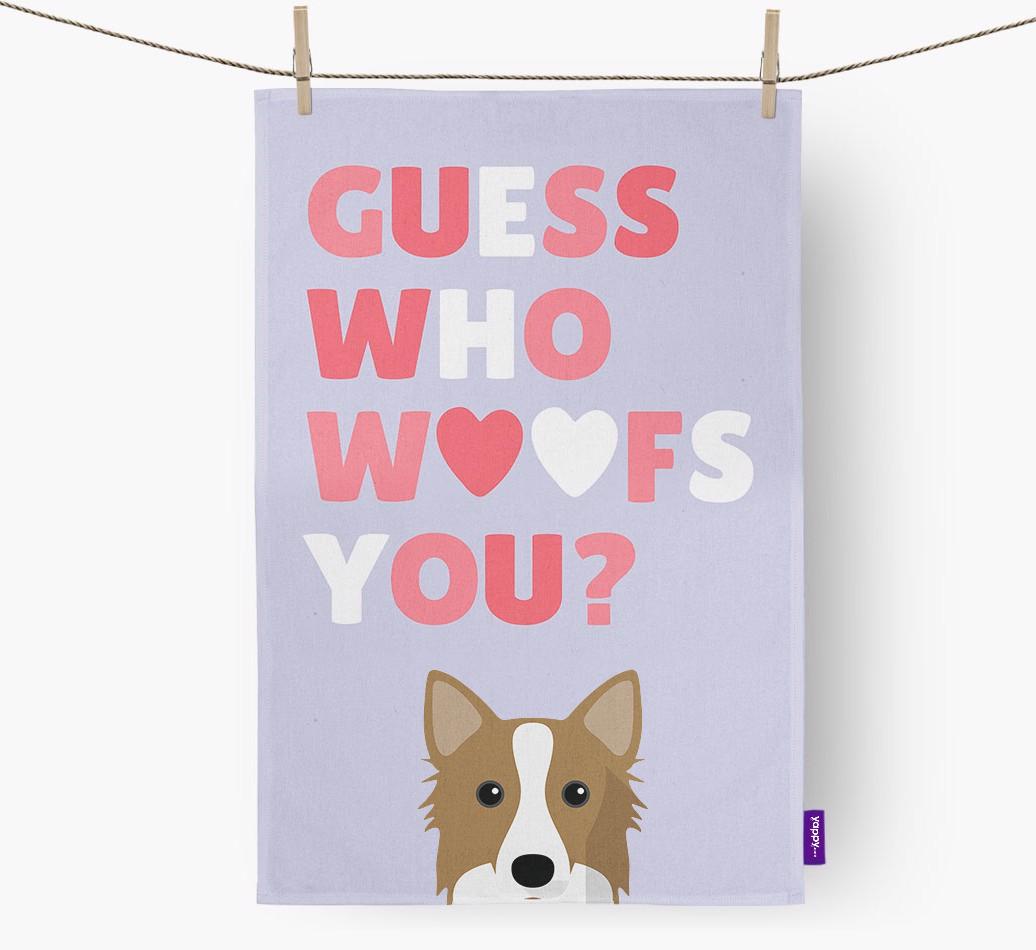 'Guess Who Woofs You?' Dish Towel with {breedFullName} Icon